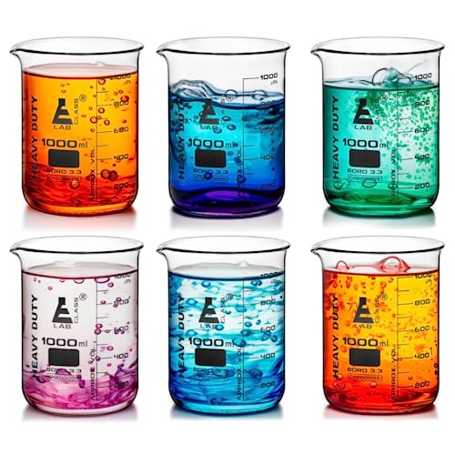 EISCO 6PK Heavy Duty Beaker 1000ml 5mm Thick Uniform Walls Superior Durability Chemical Resistance White Graduations Borosilicate 33 Glass