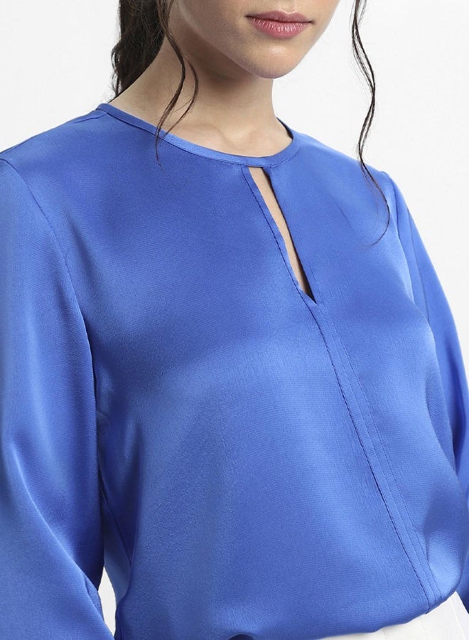 Dennis Lingo Women's Blue Polyester Blend Solid Pattern Regular Fit Tops - Image 1