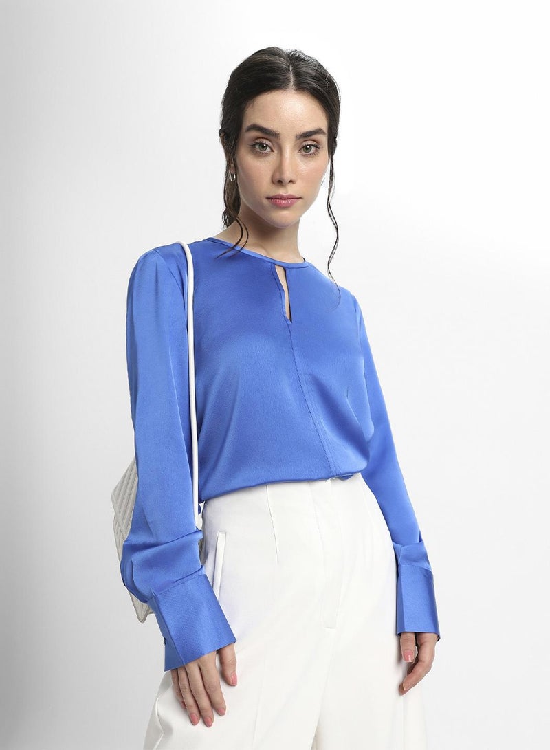 Dennis Lingo Women's Blue Polyester Blend Solid Pattern Regular Fit Tops - Image 5
