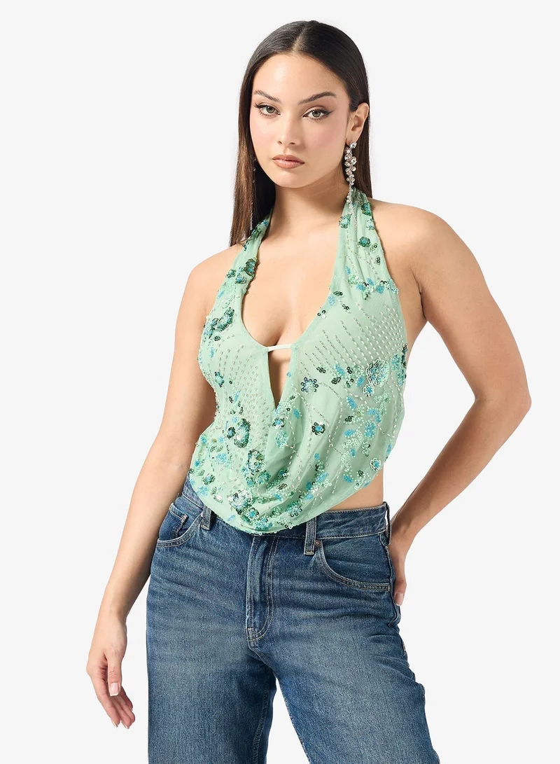 Ginger Halter Neck Sequin Embellished Top