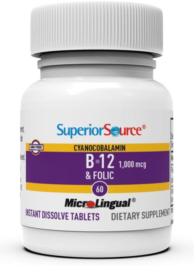 Superior Source No Shot Vitamin B-12 Cyanocobalamin 1000 mcg & Folic Acid 400 mcg - Offers Energy, Heart, Brain, & Stress Support - 60 Sublingual Dissolving Tablets  - Image 3