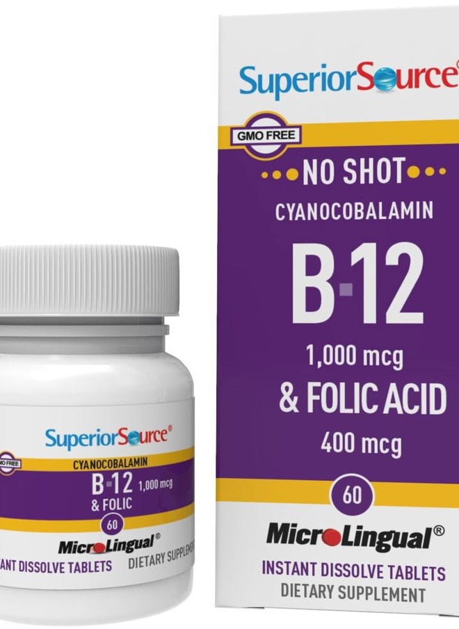 Superior Source No Shot Vitamin B-12 Cyanocobalamin 1000 mcg & Folic Acid 400 mcg - Offers Energy, Heart, Brain, & Stress Support - 60 Sublingual Dissolving Tablets  - Image 1