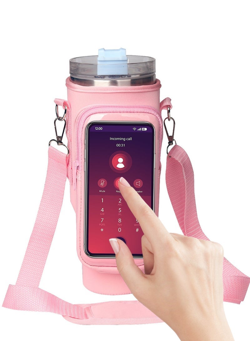 حقيبة حامل زجاجات المياه مع حزام لكوب ستانلي 40oz مع مقبض، 2 جيب حامل زجاجة من النيوبرين، ملحقات كأس ستانلي للمشي لمسافات طويلة والسفر والتخييم (وردي)  - Image 1