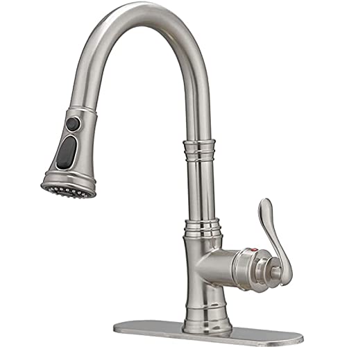 Bathfinesse Kitchen Sink Faucet Brushed Nickel with Pull Down Sprayer 3 Mode Faucet for Kitchen Sink Single Handle High Arc Commercial Stainless Steel Pull Out RV Kitchen Faucet BarDeck Plate Include
