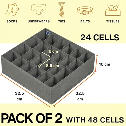 Skrill 24-Compartment - Set of 2 | Non-Woven Foldable Cloth Storage Box Set Underwear, Socks, Ties, Scarves, Bras, Lingerie Drawer Organization | Space Saving Divider Organizer Closet Storage | Grey - Image 3
