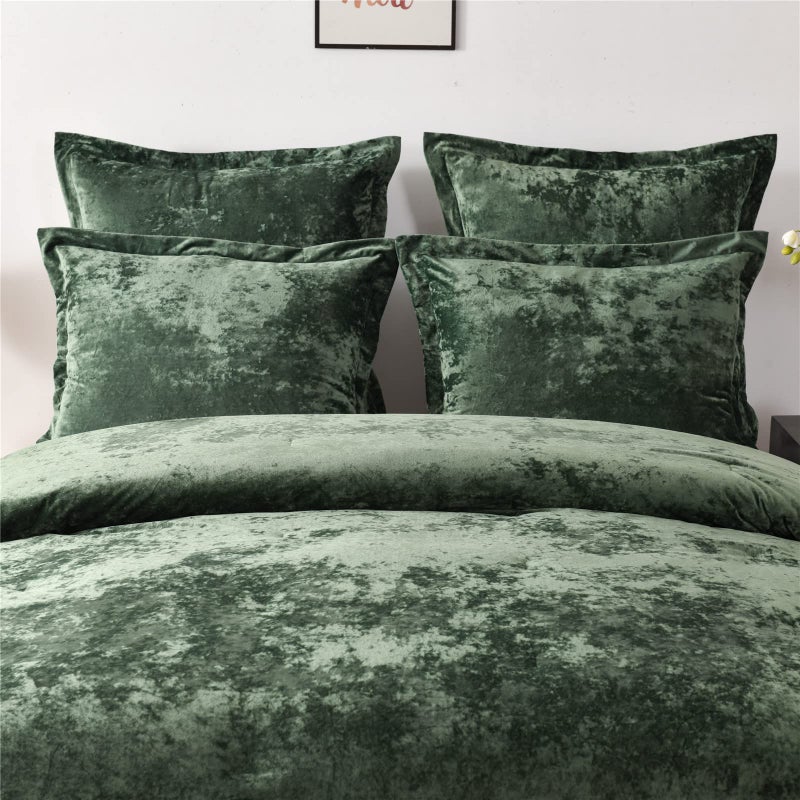 Fredsure Distressed Velvet Comforter Set, 5 Pieces Blackish Green Queen, Distressed Velvet Face and Brushed Microfiber Reverse - Image 2
