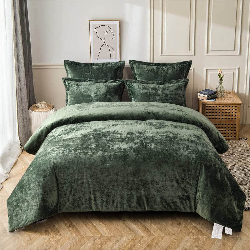 Fredsure Distressed Velvet Comforter Set, 5 Pieces Blackish Green Queen, Distressed Velvet Face and Brushed Microfiber Reverse - Image 1