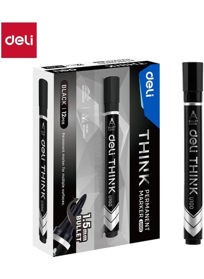 Deli EU10020 Permanent Marker Conical Tip 1.5mm Black 12PCS/Box– Ideal for Office and Industrial Use - Image 2