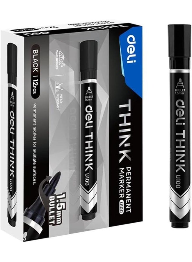 Deli EU10020 Permanent Marker Conical Tip 1.5mm Black 12PCS/Box– Ideal for Office and Industrial Use - Image 1