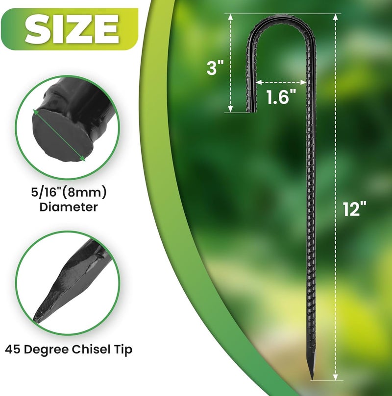 Homwin Ground Stakes 12 inches 18-Pack J Hook Rebar Stakes 5/16" Diameter Tent Stakes Heavy Duty Metal Stakes for Outdoor Decorations, Yard Inflatables and Chain Link Fence - Image 2
