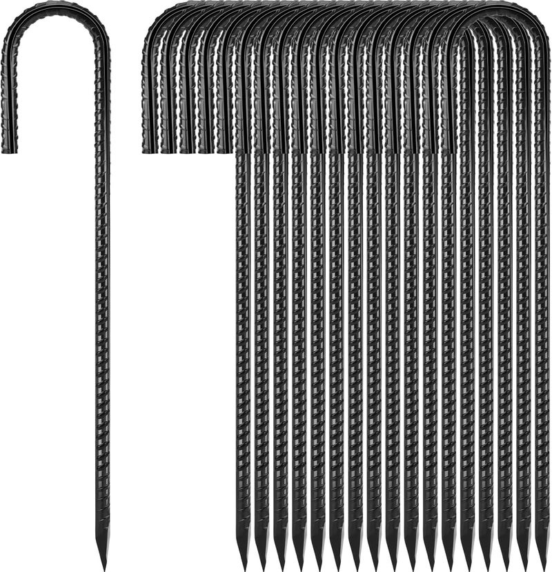 Homwin Ground Stakes 12 inches 18-Pack J Hook Rebar Stakes 5/16" Diameter Tent Stakes Heavy Duty Metal Stakes for Outdoor Decorations, Yard Inflatables and Chain Link Fence - Image 1