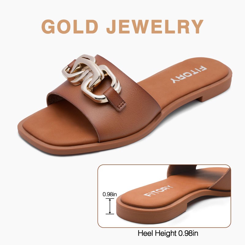 FITORY Women's Flat Sandals Fashion Slides With Soft Leather Slippers for Summer Brown Size 8 - Image 3