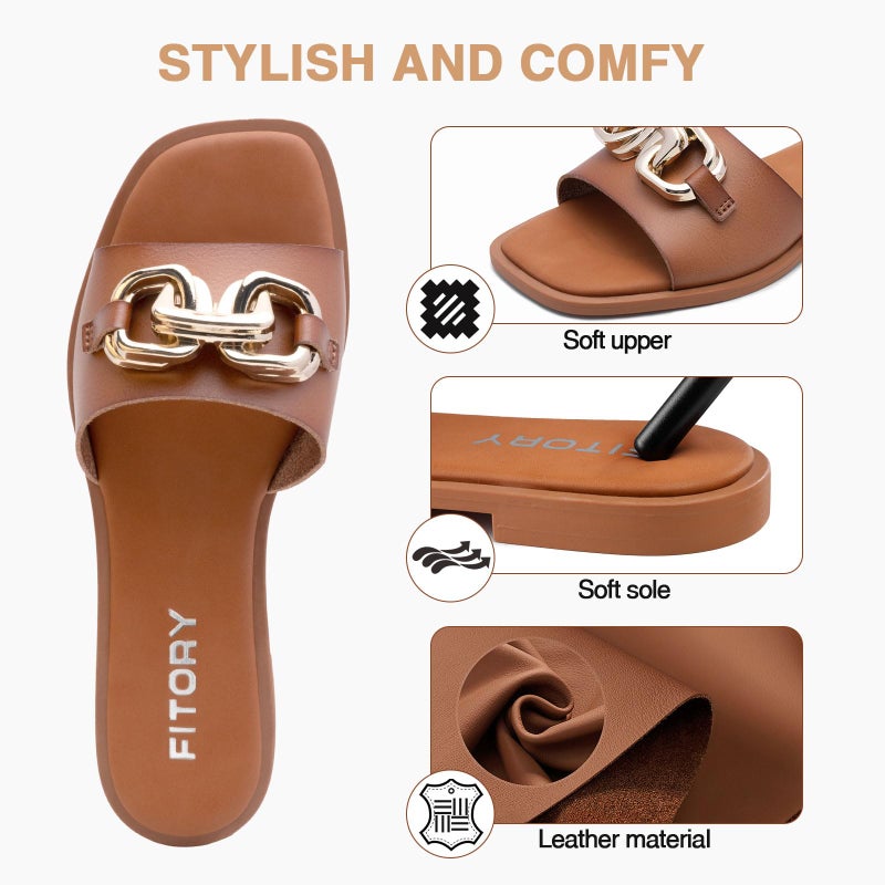 FITORY Women's Flat Sandals Fashion Slides With Soft Leather Slippers for Summer Brown Size 8 - Image 2