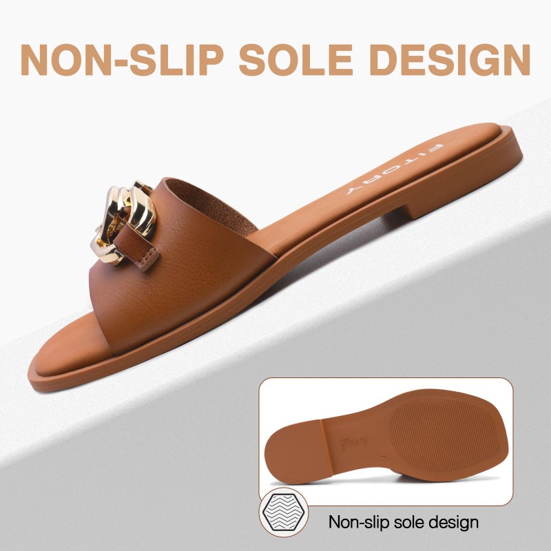 FITORY Women's Flat Sandals Fashion Slides With Soft Leather Slippers for Summer Brown Size 8 - Image 4