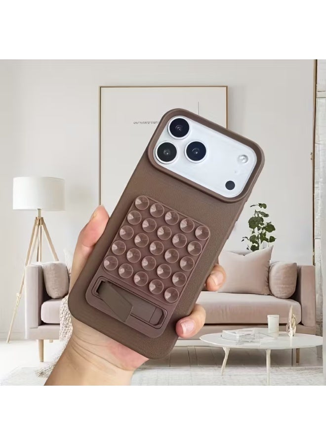 Temu 1 piece brown phone case with a foldable metal base, anti-slip design, soft and versatile, with suction cups on the back to secure the phone, compatible with iPhone 17 Pro Max