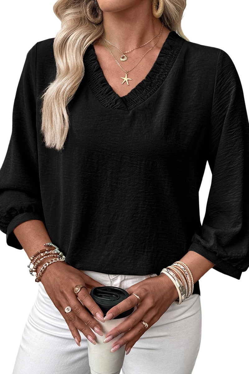 Shein SHEWIN Women Tops Tunic 3/4 Length Sleeve Shirts Solid Smocked V Neck Dressy Blouses Business Work Quarter Sleeve Clothing Spring Fall Casual 2026 Clothes Size M, Black - Image 1