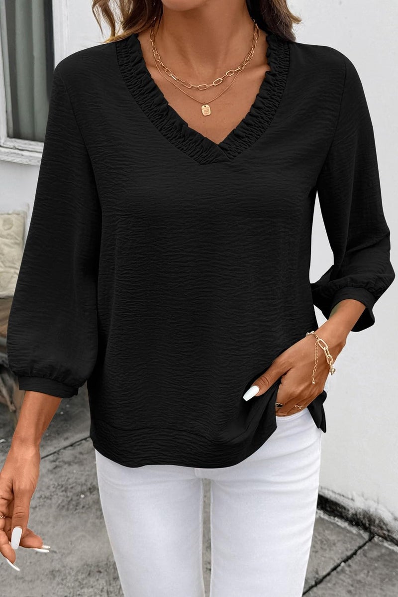 Shein SHEWIN Women Tops Tunic 3/4 Length Sleeve Shirts Solid Smocked V Neck Dressy Blouses Business Work Quarter Sleeve Clothing Spring Fall Casual 2026 Clothes Size M, Black - Image 2