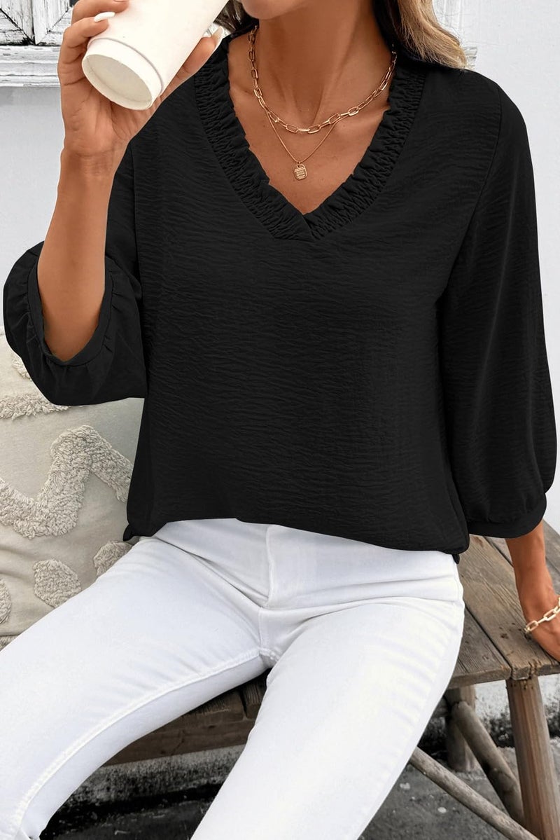 Shein SHEWIN Women Tops Tunic 3/4 Length Sleeve Shirts Solid Smocked V Neck Dressy Blouses Business Work Quarter Sleeve Clothing Spring Fall Casual 2026 Clothes Size M, Black - Image 5