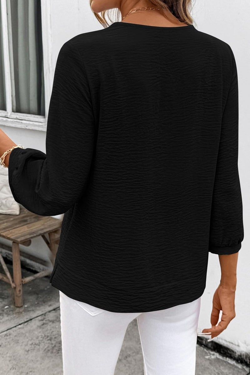 Shein SHEWIN Women Tops Tunic 3/4 Length Sleeve Shirts Solid Smocked V Neck Dressy Blouses Business Work Quarter Sleeve Clothing Spring Fall Casual 2026 Clothes Size M, Black - Image 3