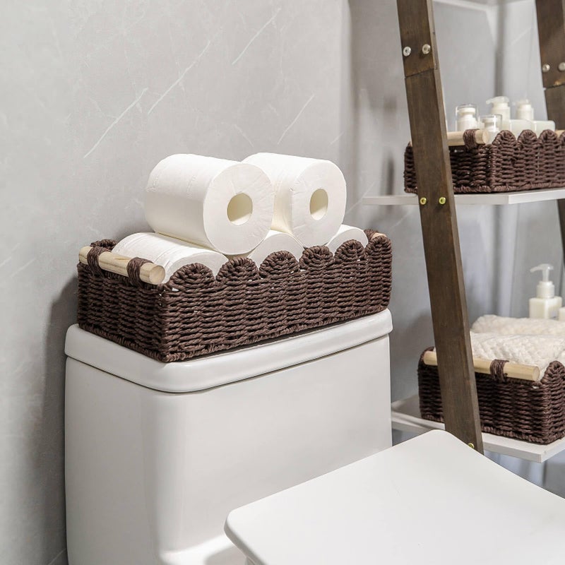 CubesLand Paper Rope Scalloped Edge Shelves Storage Basket, Woven Toilet Paper Baskets for Over Toilet Storage Shelf, Ending Table, Floating Shelves Organizing or Home DÃ©cor, with Wood Handle, Brown - Image 5