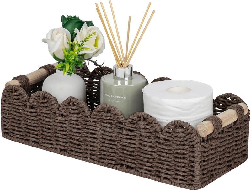 CubesLand Paper Rope Scalloped Edge Shelves Storage Basket, Woven Toilet Paper Baskets for Over Toilet Storage Shelf, Ending Table, Floating Shelves Organizing or Home DÃ©cor, with Wood Handle, Brown - Image 1