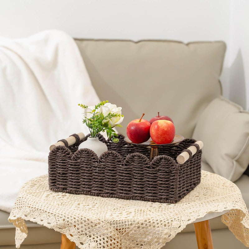 CubesLand Paper Rope Scalloped Edge Shelves Storage Basket, Woven Toilet Paper Baskets for Over Toilet Storage Shelf, Ending Table, Floating Shelves Organizing or Home DÃ©cor, with Wood Handle, Brown - Image 4
