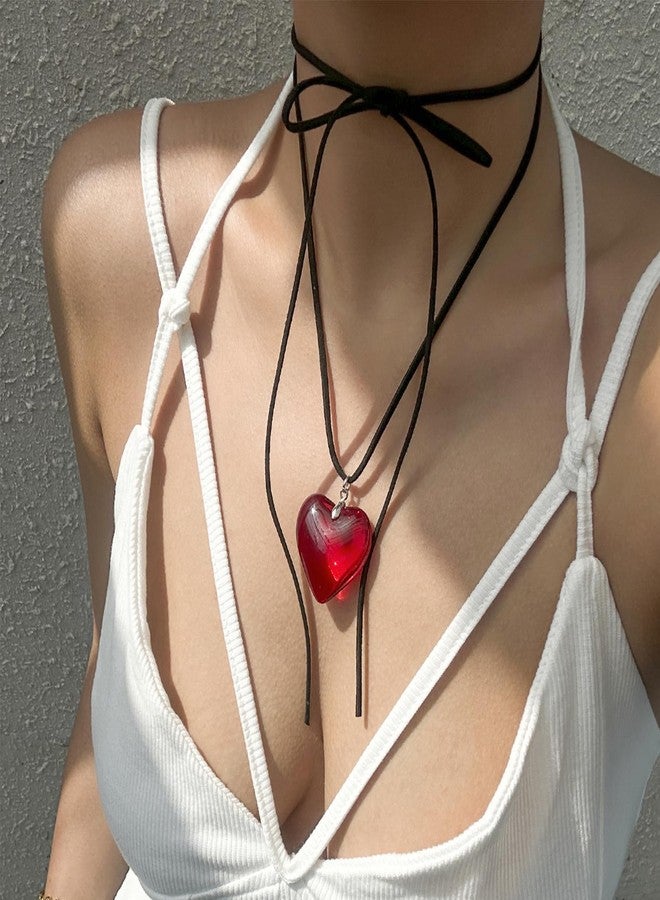 HTH Heart Necklace for Women Adjustable Velvet Chain Love Red Pendant choker necklace Trendy Jewelry (Red) - Image 2