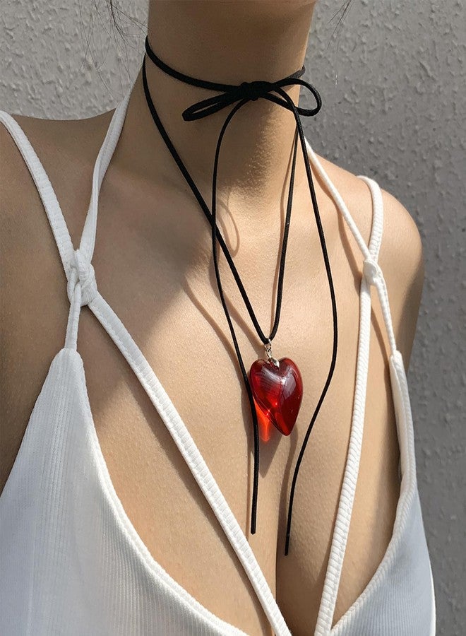 HTH Heart Necklace for Women Adjustable Velvet Chain Love Red Pendant choker necklace Trendy Jewelry (Red) - Image 3