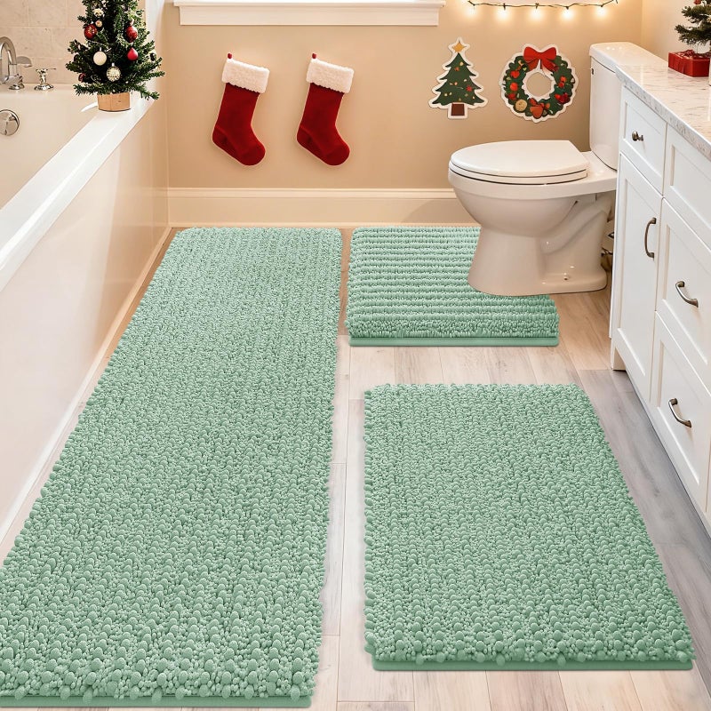 ACCUMTEK Upgrade Extra Large Sage Bathroom Rug Set 3 Pieces Ultra Soft Thick Absorbent Bath Mats Non Slip Chenille Toilet Mat for Bathroom Bedroom Kitchen Mint