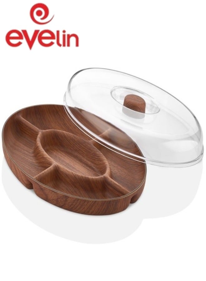 إيفيلين طبق تقديم خماسي أنيق مصنوع من بوليستيرين متين بتصميم يشبه الخشب الطبيعي، مزود بغطاء شفاف يحافظ على الطعام. يأتي بمقاس 30×20 سم مع خمسة أقسام منظمة لتقديم المكسرات، الحلويات، السناكس، الفواكه والمقبلات. يتميز بمظهر راقٍ وخامة مقاومة للكسر وسهولة في الاستخدام والتنظيف، مما يجعله خيارًا مثاليًا للمنزل والحفلات والضيافة اليومية. - Image 1