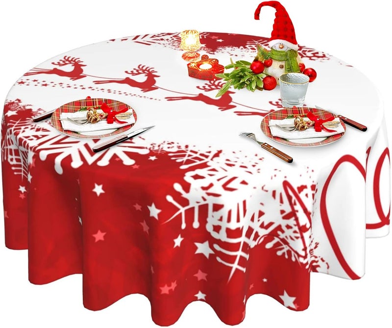 Bzkier Christmas Tablecloth Round Reindeer Snowflake Cover Mat Washable Polyester Spill Proof Table Great for Buffet Table Parties Holiday Dinner Restaurant Decoration 70 Inch - Image 1