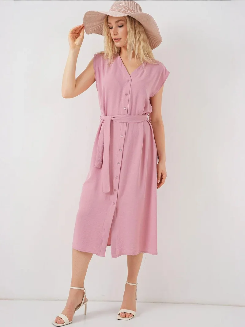 BIG DART BDART Textured V-Neck Midi Dress with Button Closure
