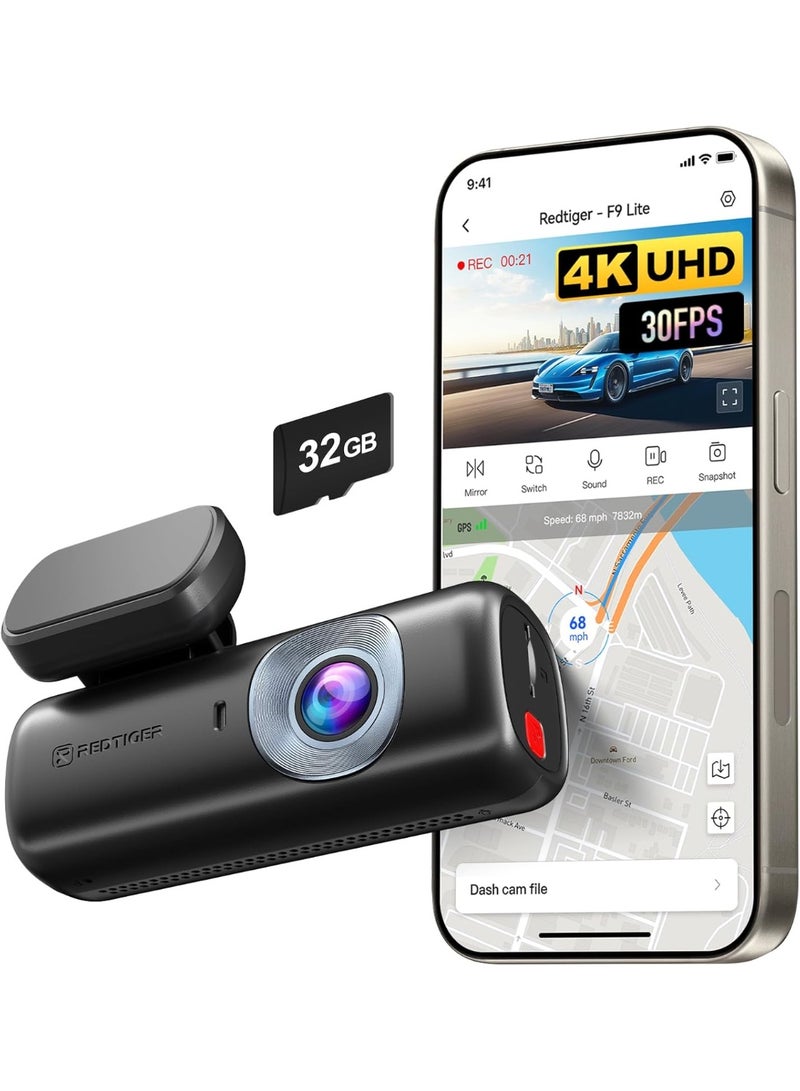 REDTIGER 4K Dash Cam for Cars Front,App Control,ADAS,32GB Memory Card Included,Built-in WiFi GPS,Mini Dash Cam with G Sensor,Night Vision,24H Parking Mode,Loop Recording,F9 Lite - Image 1