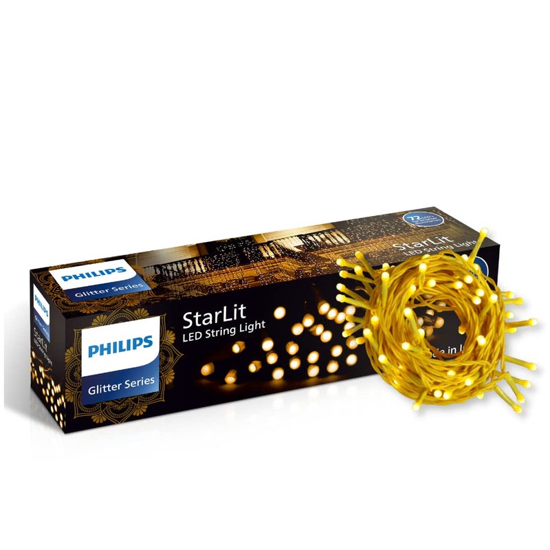 Philips فوانيس فيليبس ستارليت بطول 12 متر و 72 لمبة LED للزينة، ضوء LED مزخرف دافئ أبيض، عبوة من 1، بولي كربونات لزينة ديوالي وغانيش تشاتورثي وزينة عيد الميلاد - Image 1
