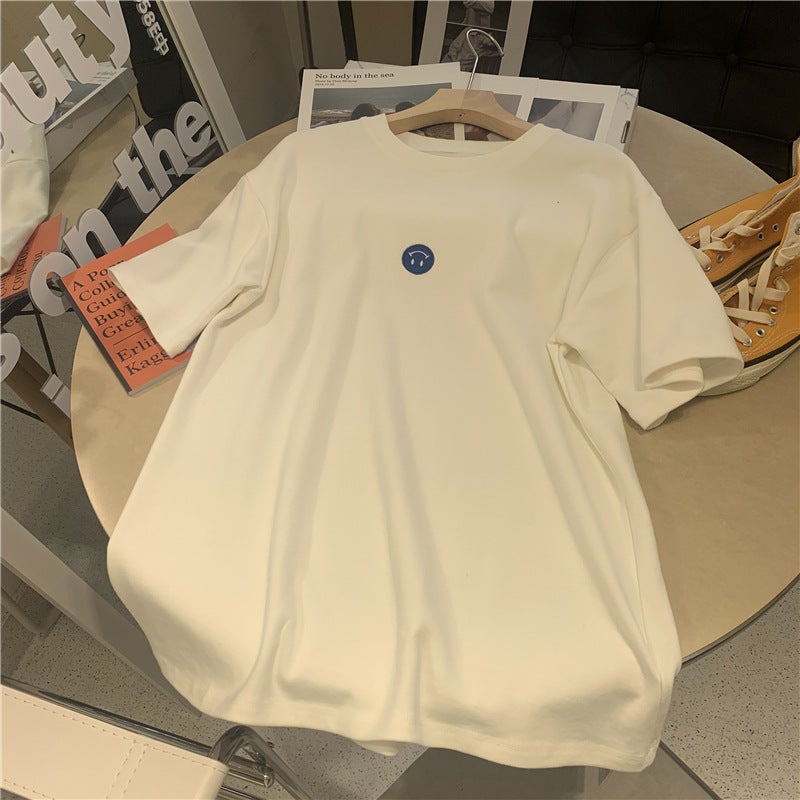 Short-Sleeved T-Shirt For Women, 2025 Style, Korean Version, Trendy Ins Style, Smiley Face Embroidery, Loose Fit, Versatile Inner Wear, Student Top For Women - Image 1