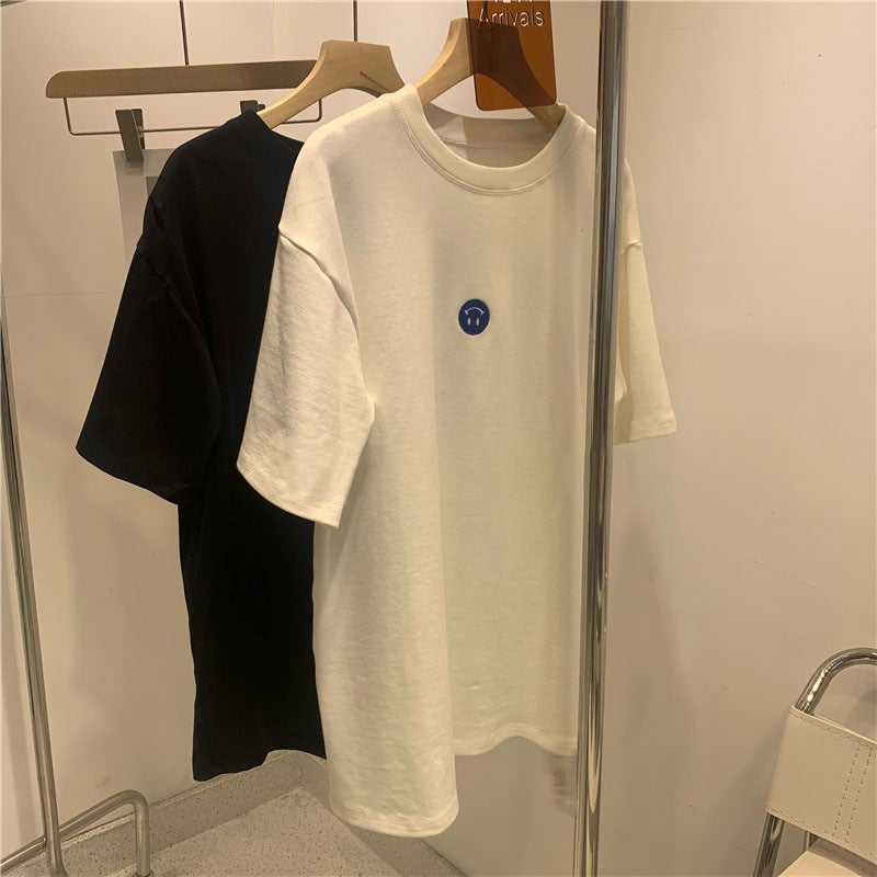 Short-Sleeved T-Shirt For Women, 2025 Style, Korean Version, Trendy Ins Style, Smiley Face Embroidery, Loose Fit, Versatile Inner Wear, Student Top For Women - Image 3