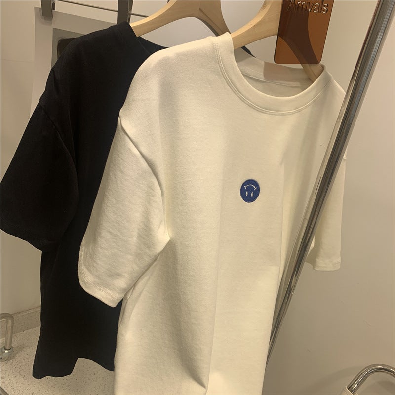 Short-Sleeved T-Shirt For Women, 2025 Style, Korean Version, Trendy Ins Style, Smiley Face Embroidery, Loose Fit, Versatile Inner Wear, Student Top For Women - Image 4