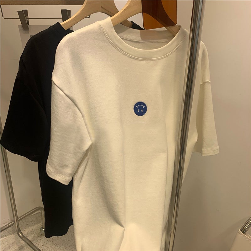 Short-Sleeved T-Shirt For Women, 2025 Style, Korean Version, Trendy Ins Style, Smiley Face Embroidery, Loose Fit, Versatile Inner Wear, Student Top For Women - Image 2