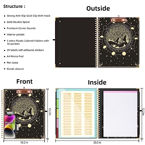 Ospelelf Clipboard with Storage 8.5 X 11，Padfolio Organizer, Spiral Portfolio Letter Size with Notepad, Pen Holder, 5 Extra Folder Divider Pages, Elastic Closure Nurse Office Essentials (Moon) - Image 2