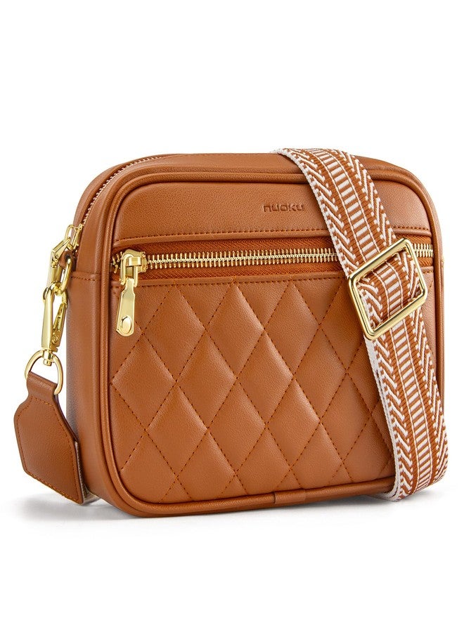 nuoku Quilted Crossbody Bags for Women Wallet Purse with Phone Pocket, Small Travel Purses Anti Theft, Wide Guitar Strap, Brown - Image 1