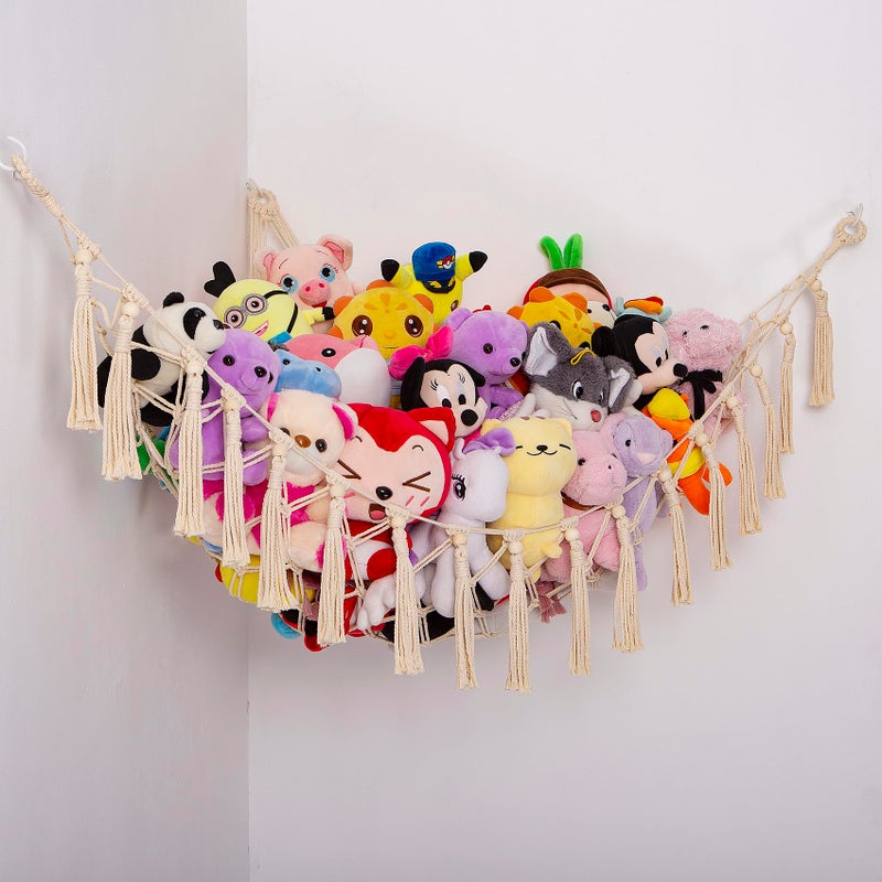 YKBU Stuffed Animals Hammock Corner Hanging Net with Wooden Beads Macrame Stuffed Animal Storage Ideas Plush Holder Toy Organizer for Boho Nursery Playroom Bedroom Kids Room Decor cream XLarge