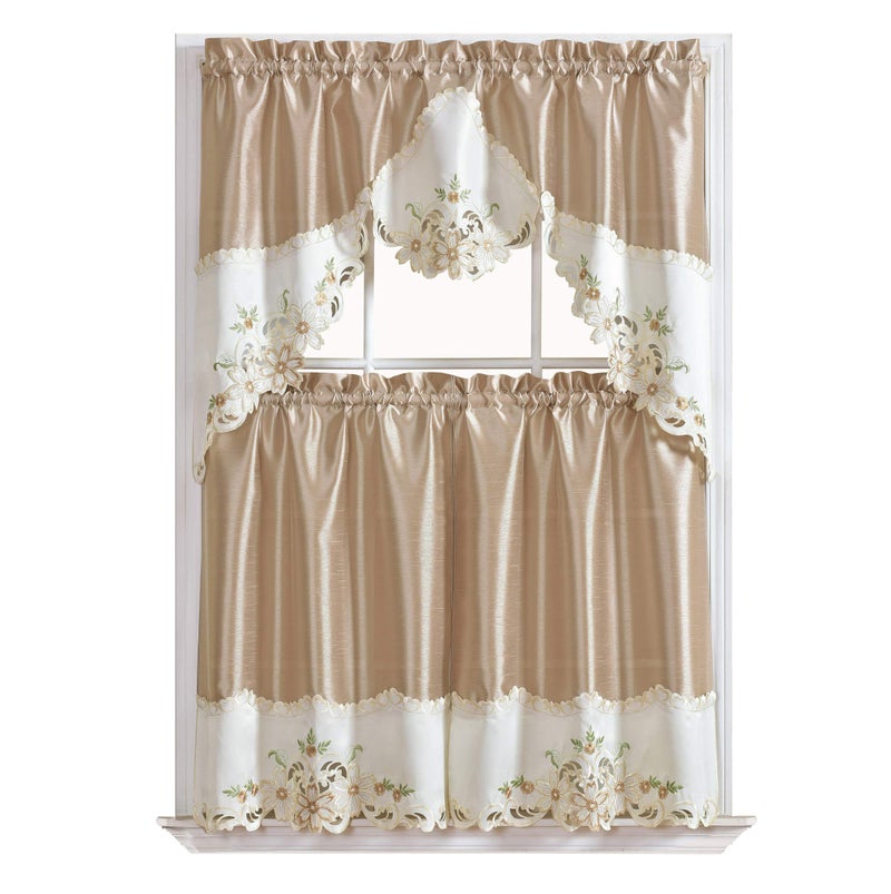 GOHD Golden Ocean Home Decor GOHD Arch Floral Kitchen Curtain SetSwag Valance  Tier Set Nice Matching Color Floral Embroidery on Border with cutworks Beige