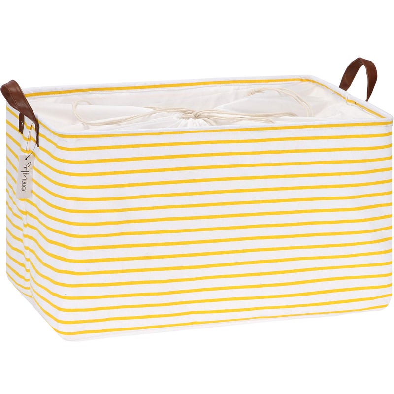 Hinwo صناديق تخزين كبيرة جدًا Hinwo سعة 70 لتر منظم خزانة و سلال تخزين ملابس قابلة للطي مع مقابض حاويات للملابس والبطانيات واللحف والألعاب والبياضات بخطوط صفراء