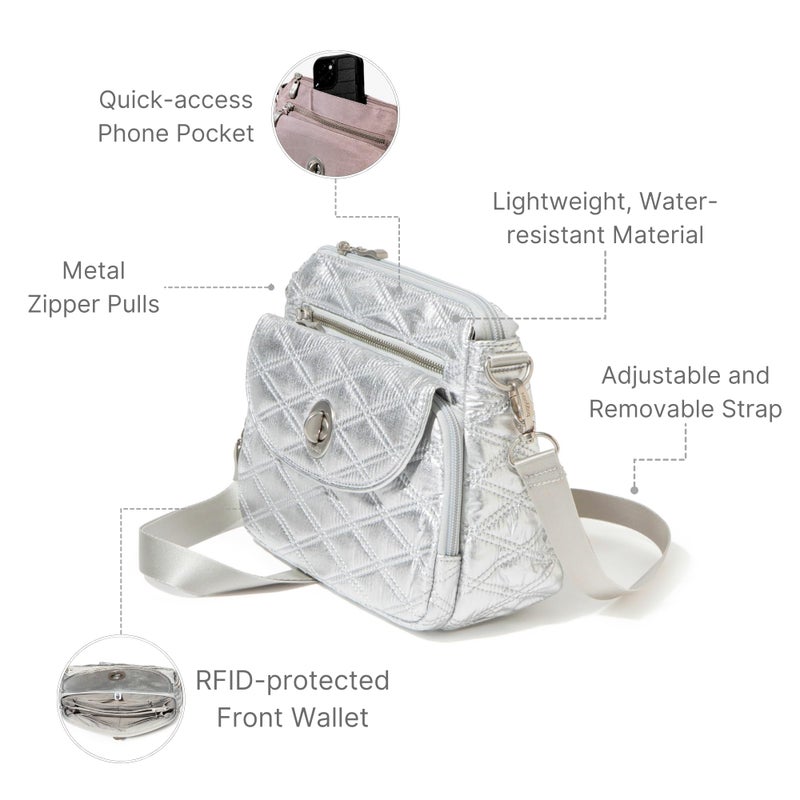 Baggallini Women's Calais Crossbody Bag, Silver Metallic Quilt - Image 3