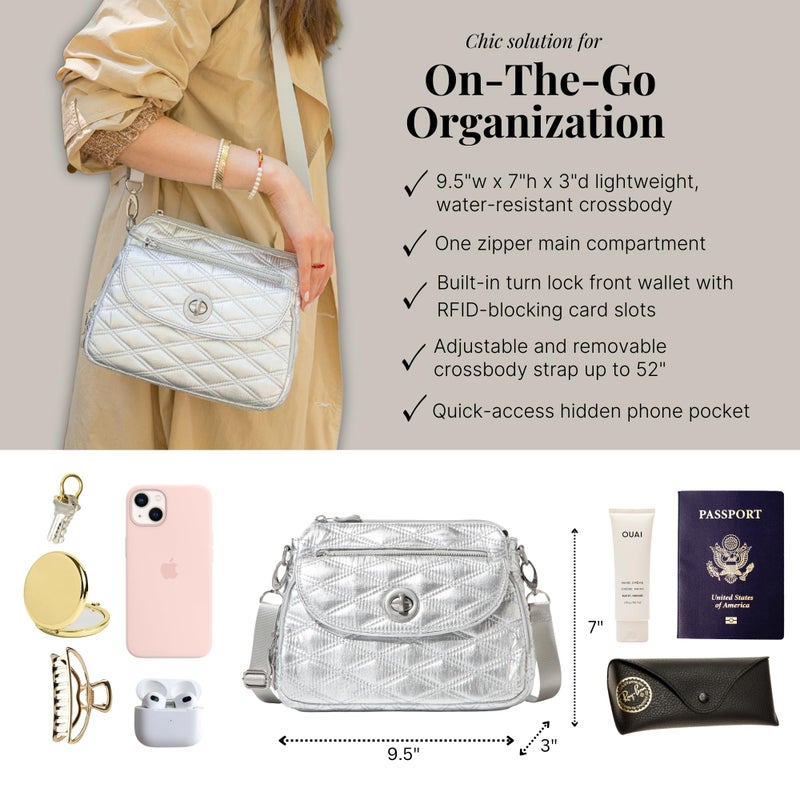 Baggallini Women's Calais Crossbody Bag, Silver Metallic Quilt - Image 4