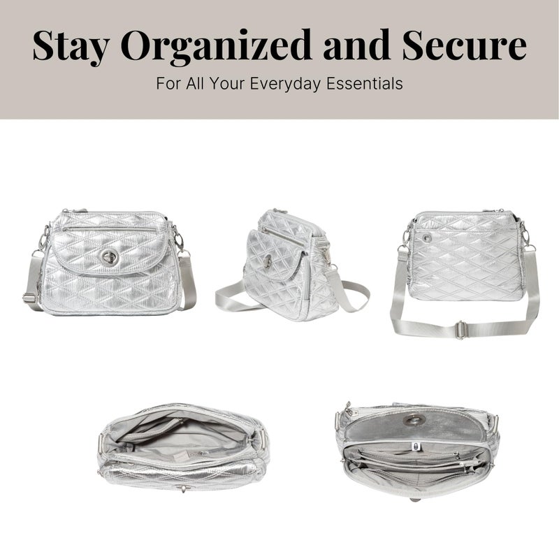Baggallini Women's Calais Crossbody Bag, Silver Metallic Quilt - Image 5