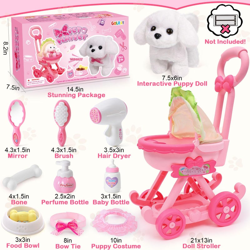 Golray Dog Toys for Kids Girls, Stroller & Electronic Interactive Stuffed Dog Plush Can Walk Bark, 10 Pcs Toddler Girl Toy Dog Puppy Pet Care Pretend Play Set, Birthday Gifts for Little Girl 3 4 5 6 7 - Image 4
