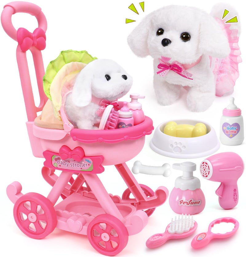Golray Dog Toys for Kids Girls, Stroller & Electronic Interactive Stuffed Dog Plush Can Walk Bark, 10 Pcs Toddler Girl Toy Dog Puppy Pet Care Pretend Play Set, Birthday Gifts for Little Girl 3 4 5 6 7 - Image 1