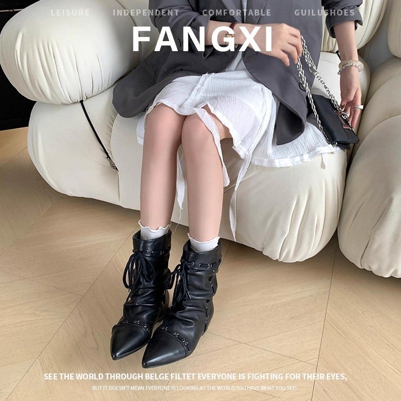 Two Styles ~ Niche Retro Lace-Up Boots, Pointed Toe Inner Heightening Short Boots, Women'S Pile Boots, Western Cowboy Boots - Image 3