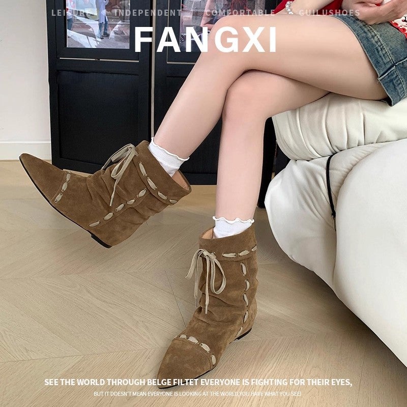 Two Styles ~ Niche Retro Lace-Up Boots, Pointed Toe Inner Heightening Short Boots, Women'S Pile Boots, Western Cowboy Boots - Image 4
